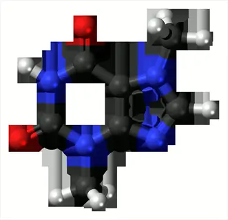 3d ball-and-stick model of theobromine molecular structure (a key cocoa alkaloid), showing carbon (black), nitrogen (blue), oxygen (red), and hydrogen (white) atoms in a xanthine ring system