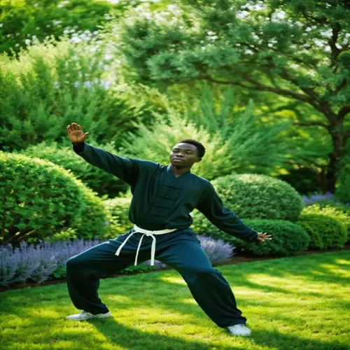 a tai chi beginner in dark green traditional attire practicing a stance at a lush park with vibrant greenery and flowers