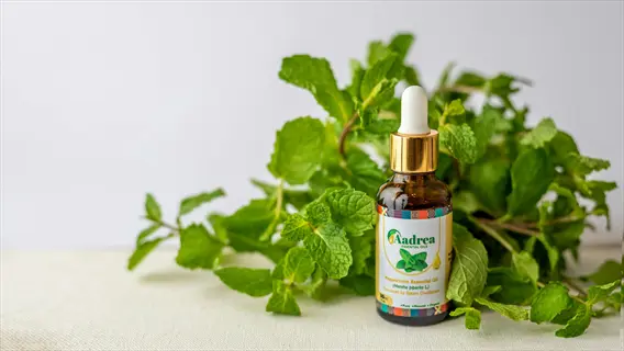 aadrea peppermint essential oil amber glass dropper bottle surrounded by fresh mint leaves on light background