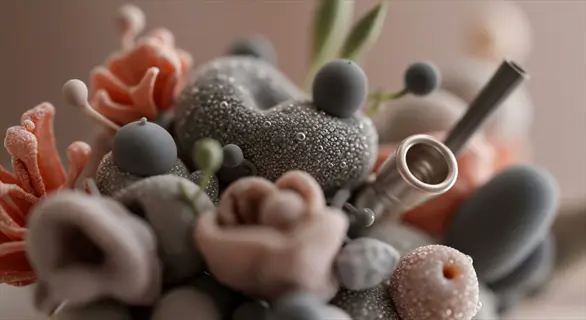 abstract arrangement of textured art supplies in muted tones, embodying creative expression through sculptural forms