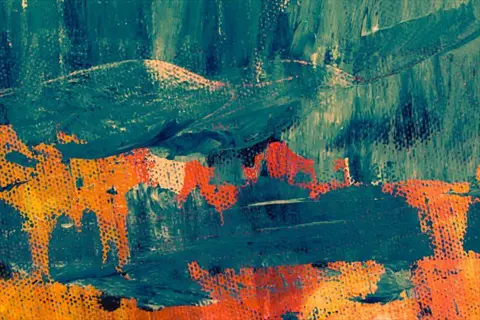 abstract art layers texture: thick brushstrokes of teal, orange, and yellow paint create a layered, textured composition, embodying progressive disclosure through visual depth