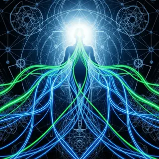 abstract human silhouette emitting universal energy vibration as luminous blue and green streams, integrated with sacred geometry patterns symbolizing cosmic connection