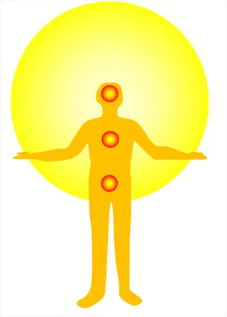 abstract human silhouette with three glowing red energy points and yellow aura representing qigong energy practice