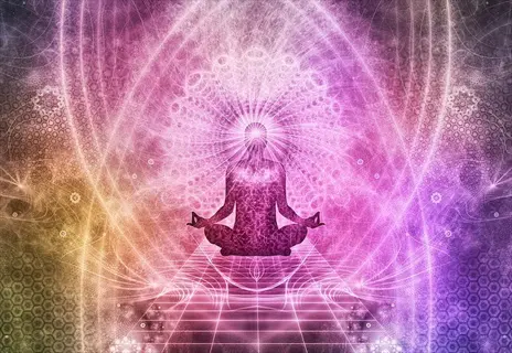 abstract silhouette meditating in lotus position amidst vibrant energy waves, symbolizing focus breath meditation and spiritual awareness