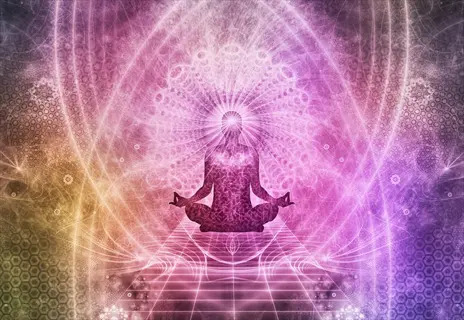 abstract visualization meditation focus: meditating silhouette amidst vibrant, swirling energy patterns and luminous geometric forms in a cosmic, multicolored space