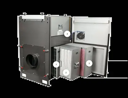 aeroex aro-600 industrial air filtration unit with exposed filter stages (1-4) - heavy-duty durable white noise machine design for industrial air purification systems