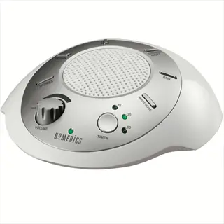 affordable homedics noise machine: circular design with sound selection (ocean, thunder, rain), volume control, and 15/30/60 min timer settings for sleep environments
