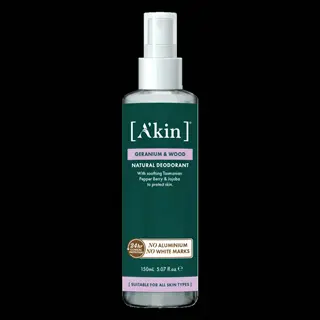 a'kin geranium oil spray deodorant bottle (150ml) with text labels on white background
