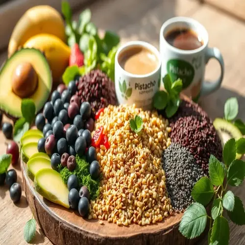amino acid food sources: blueberries, avocado, chia seeds, grains, bananas, and labeled coffee mugs on a wooden platter