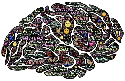 artistic brain illustration composed of mindfulness keywords (attend, accept, pause) and icons symbolizing meditation, emotional regulation, and amygdala calming techniques
