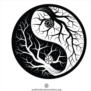 artistic yin yang symbol with intricate tree branch designs in each black/white section and public domain attribution text at bottom