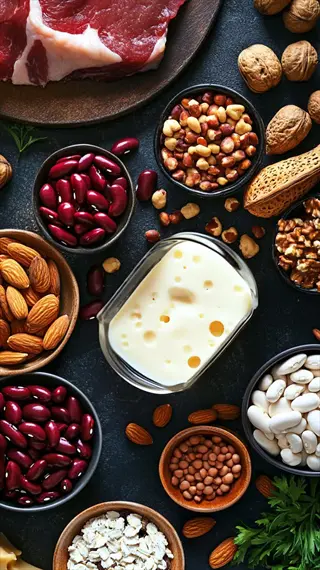 assorted beans, lentils, almonds, nuts, oats, raw meat, and cheese arranged in bowls on a dark surface