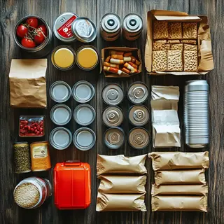 assorted food preservation aids: canned tomatoes, crackers, metal cans, paper packets, and brown packages arranged on a wooden surface. text visible on product packaging
