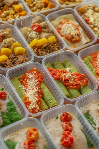 assortment of colorful meals in organized meal prep containers featuring pasta, crepes, roasted vegetables, and proteins
