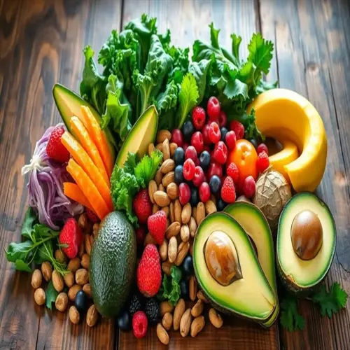 assortment of fresh alkaline vegetables and fruits including leafy greens, avocados, berries, bananas, and nuts on wooden surface