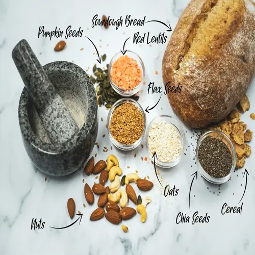assortment of whole foods including nuts (almonds for almond flour health benefits), seeds, sourdough bread, lentils, oats, and cereal arranged on marble surface