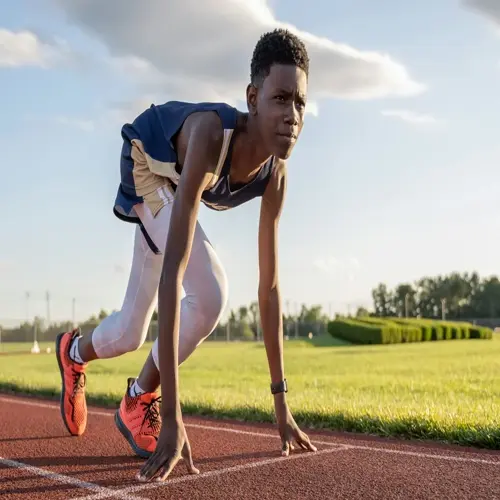 athlete in starting blocks position on a red running track during sunny day