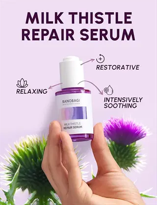 banobagi milk thistle repair serum bottle held in hand with milk thistle plant background - milk thistle skincare product showcasing application and benefits