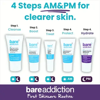 bare addiction 4-step am/pm skincare routine for oily skin care: cleanse, boost (anti-blemish), treat (pore refining), protect & hydrate