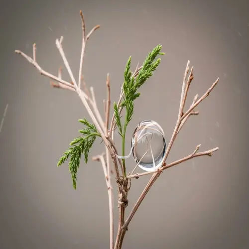 bare plant branch with resilient green shoots and water droplet symbolizing nature's resilience strategies