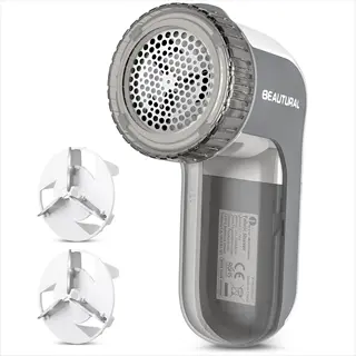 beautural fabric shaver device with gray perforated head, replaceable blades, and certification text labels