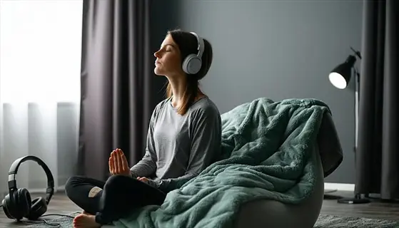 bedtime breathing practice: woman meditating with headphones in a dimly lit room with cozy blanket and floor cushion, embodying a serene pre-sleep routine