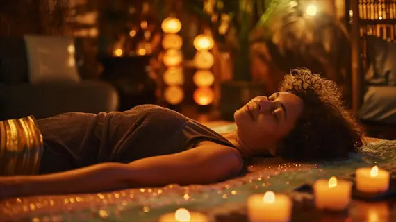 bedtime meditation: woman peacefully reclining on a patterned mat surrounded by glowing candles in a dimly lit, cozy room for pre-sleep wind down