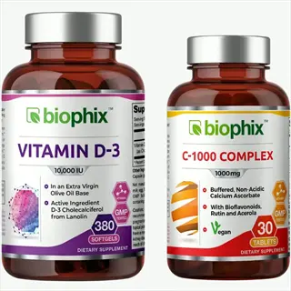 biophix vitamin d3 (cholecalciferol tablets) 10,000 iu softgels bottle (380 count) next to c-1000 complex tablets (30 count). both dietary supplements with gmp certification