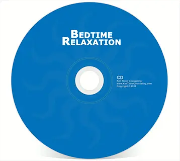 blue cd labeled 'bedtime relaxation' for bedtime meditation, featuring sun design and copyright text for ken thom counseling (sleep preparation focus)