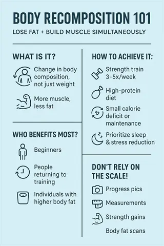 body recomposition 101 infographic: simultaneous fat loss + muscle gain guide including muscle recovery process fundamentals (strength training, high-protein diet, sleep optimization) and progress tracking alternatives to scale weight