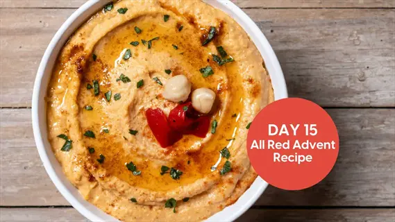 bowl of hummus with bell pepper pieces, chickpeas, and herbs (a hummus bell pepper snack) with 'day 15 all red advent recipe' text overlay