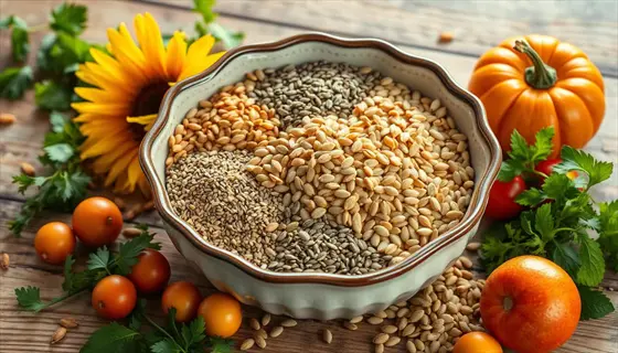 bowl of zinc-rich pumpkin seed mix with sunflower, mini pumpkin, tomatoes, and herbs on rustic wood