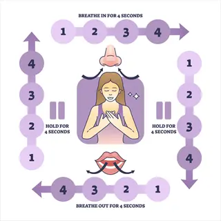 box breathing technique infographic showing 4-4-4-4 inhale/hold/exhale/hold cycle with woman placing hands on chest and counting steps