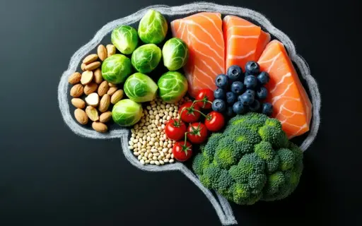 brain health foods arranged in brain shape: salmon (omega-3), blueberries (antioxidants), brussels sprouts, broccoli, tomatoes, almonds, beans - neuroprotective diet flat lay on dark background