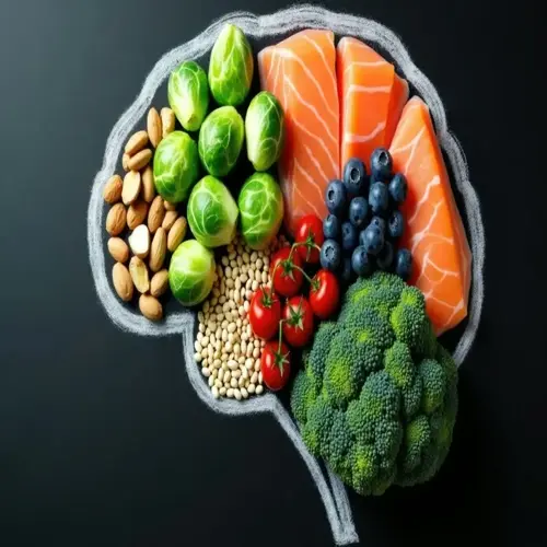 brain-shaped arrangement of fresh alkaline foods featuring salmon, brussels sprouts, blueberries, broccoli, tomatoes, almonds and legumes on dark background