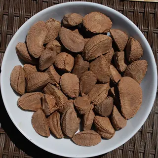 brazil nuts bowl: white dish filled with whole brazil nuts in their shells, resting on a woven surface