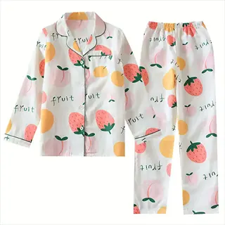 breathable cotton sleepwear set with playful fruit pattern (strawberries, peaches) and repeated 'fruit' text print for women
