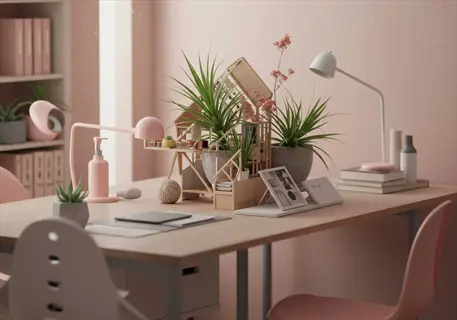 bright natural light home office with minimalist pink desk, potted plants, desk lamps and organized workspace setup
