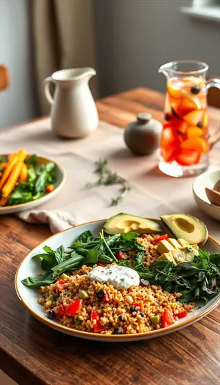 buckwheat quinoa mix plate: gluten-free grain dish topped with sour cream, avocado, and leafy greens. served with carrot salad and a pitcher on a rustic wooden table