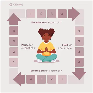calmerry breath counting meditation guide: child meditating in lotus pose with 4-step cycle (breathe in/hold/pause/out to count 4), numbered arrows looping around