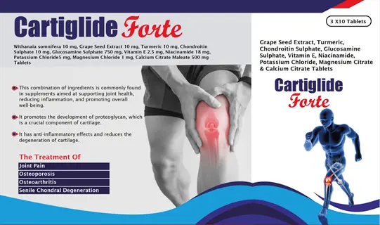 cartiglide forte supplement packaging (3x10 tablets) for joint/bone health showing ingredients, knee illustration, and runner silhouette. supports conditions like osteomalacia bone pain hip, osteoarthritis, osteoporosis