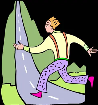 cartoon of a man running uphill on a steep road with white dashed lines, wearing purple pants with dots, pink shoes, yellow shirt, and orange suspenders with spiky blonde hair