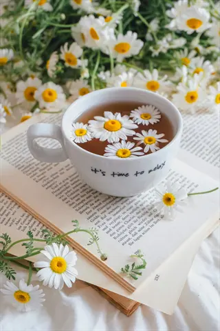 chamomile tea in white cup with 'it's time to relax' text, floating flowers, on open book with fresh daisies - herbal teas