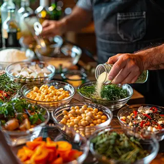 chef preparing dish with seasonal herbs and diverse fresh ingredients in bowls