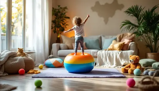 child standing on a colorful balance ball in a cozy living room, engaging in sensory awareness practice with toys, soft cushions, and natural light from large windows