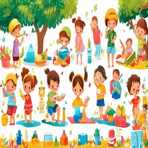 children engaging in self-care activities at home: outdoor play, reading, creative expression and social interaction in a colorful backyard setting