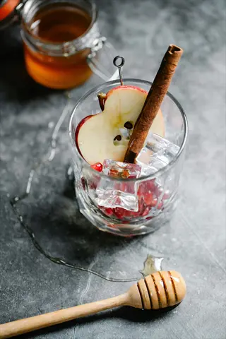 cinnamon infused drinks in a glass with ice, apple slice, pomegranate seeds, and cinnamon stick. honey dipper and jar beside it on a gray surface (beverage infusion example)