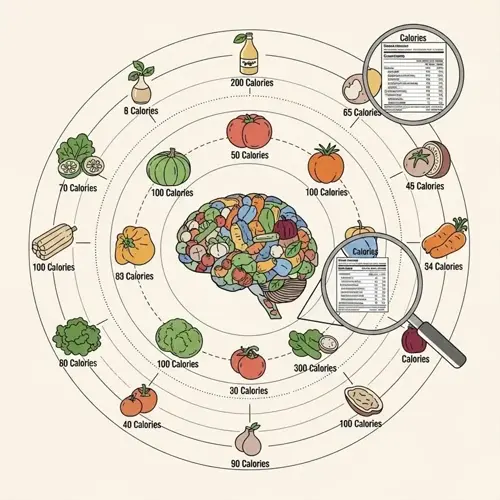 circular brain boosting foods display with calorie counts and magnified nutrition labels around central brain graphic