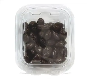 clear plastic container of dark chocolate almonds with visible packaging text on lid
