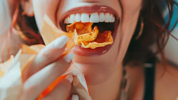 close-up of a woman savoring food: crispy tortilla chips in her mouth, holding an orange snack bag with white nails, highlighting the sensory experience of taste and texture